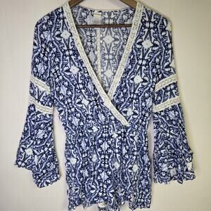 L Space Blue And White Patterned Faux Wrap Long Sleeve Lacey Romper Size Medium